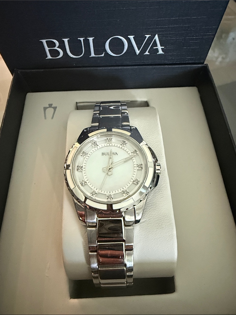 Bulova Silver Stainless Steel Watch with White Dial